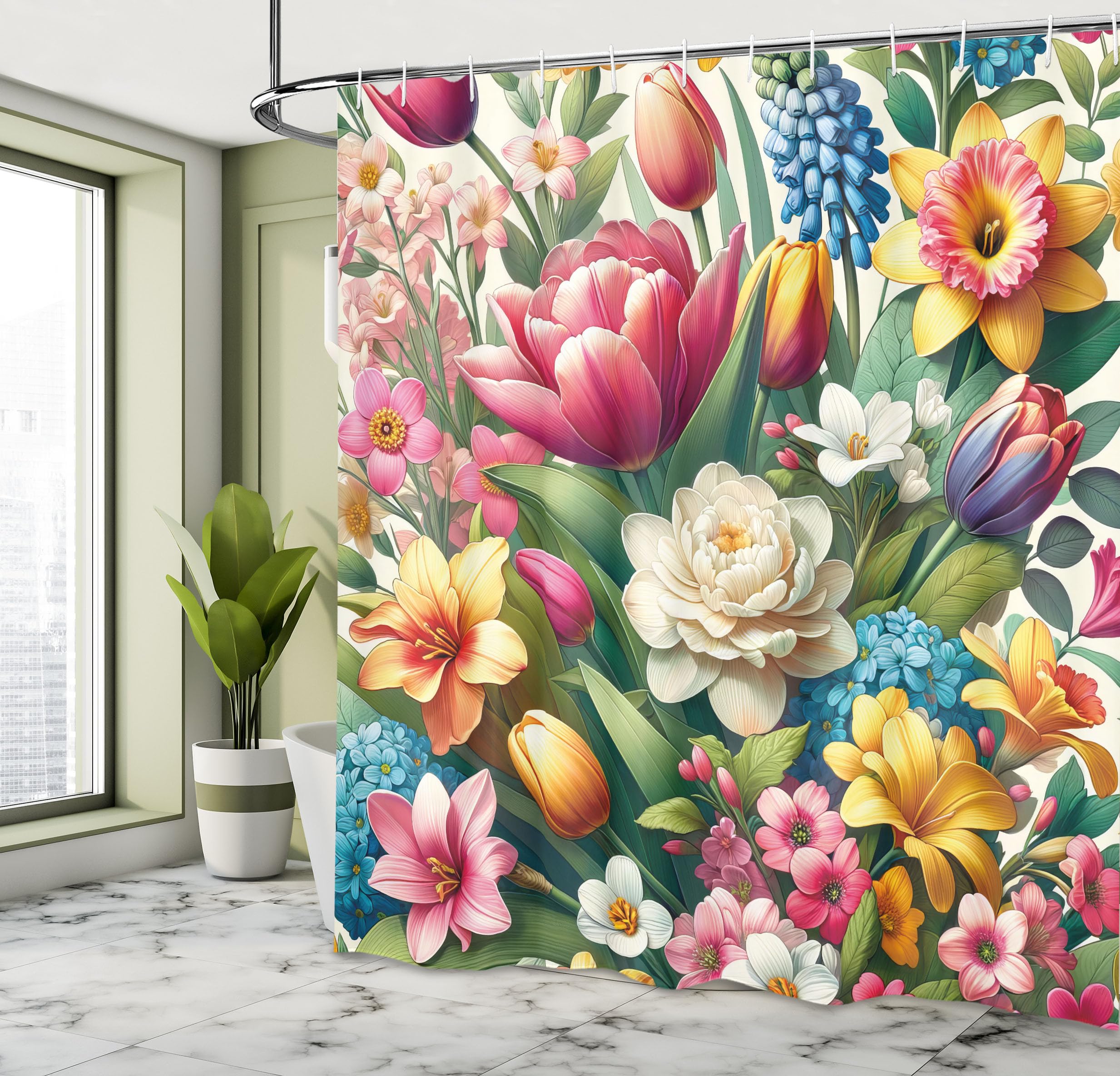 Ambesonne Spring Shower Curtain, Color Jumble Illustration Of Garden Flowers With Leaves Dreamy Aura, Cloth Fabric Bathroom Deco